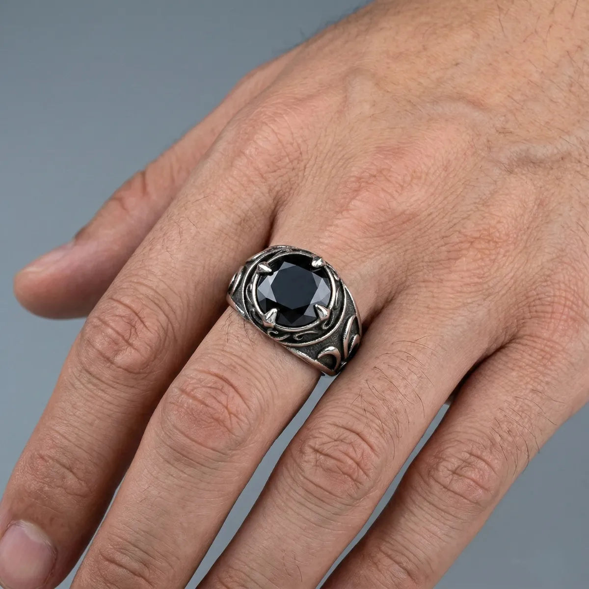 Vintage Black Stone Ring Worn by Male Model Close Up