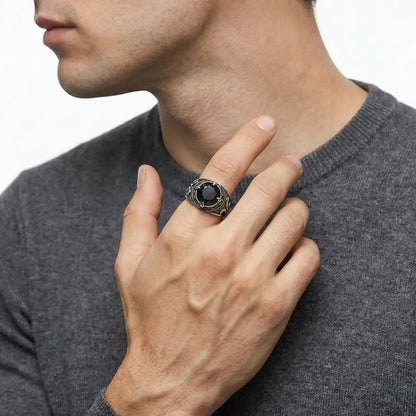 Vintage Black Stone Ring Worn by Male Model