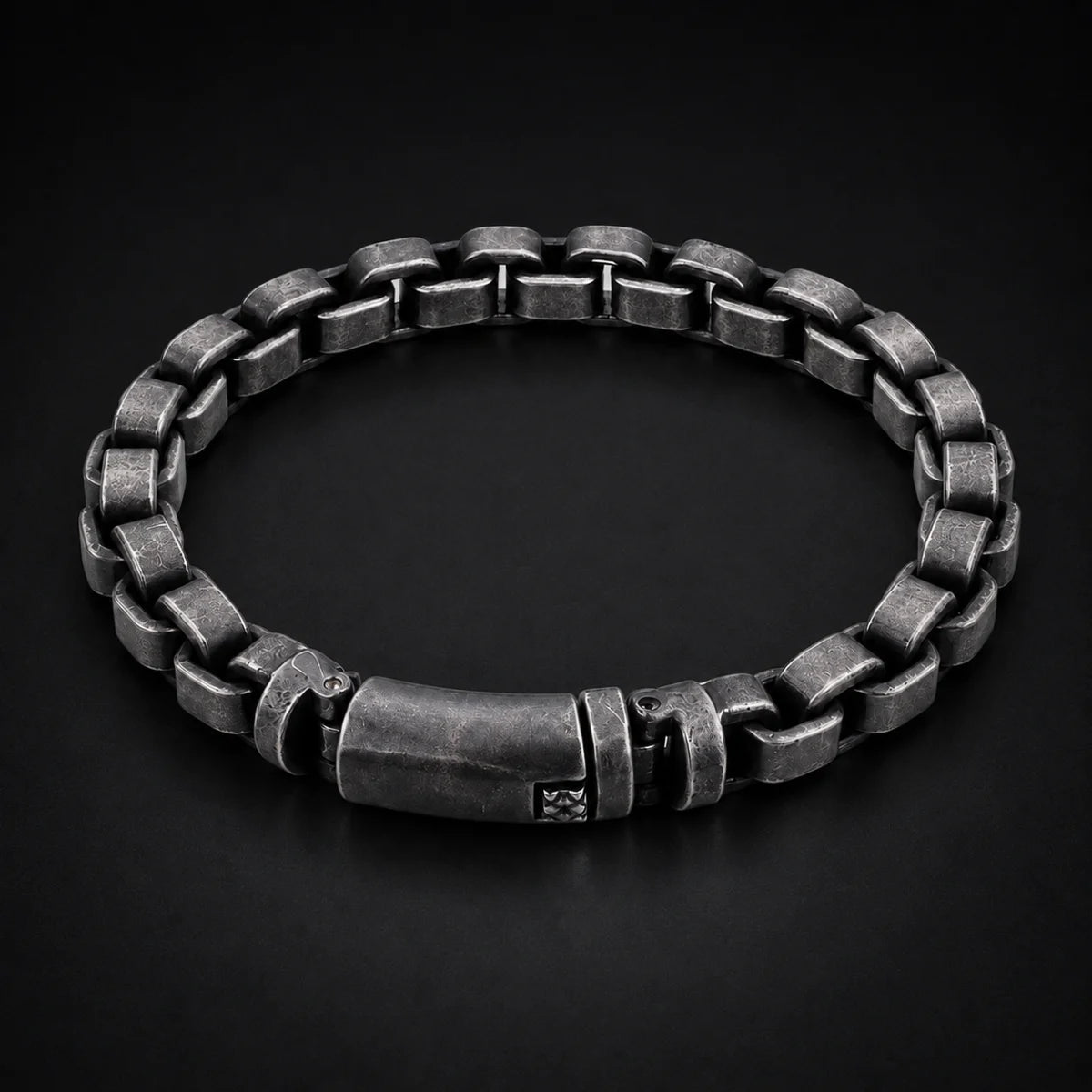 Vintage Block Link Bracelet Antique Silver Close Up Black Background