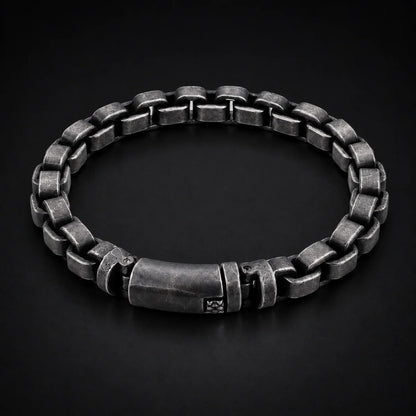Vintage Block Link Bracelet Antique Silver Close Up Black Background