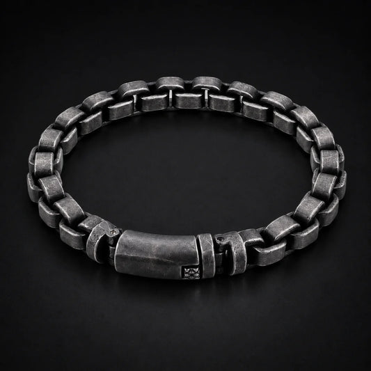 Vintage Block Link Bracelet Antique Silver Close Up Black Background