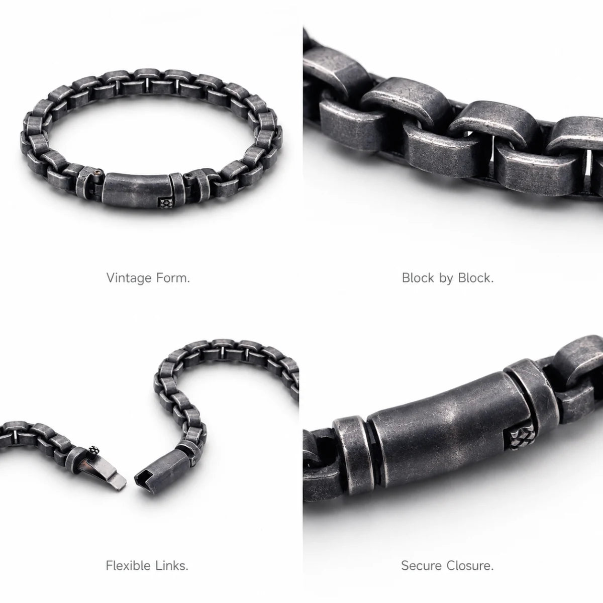 Vintage Block Link Bracelet Antique Silver Details and Features Infographic