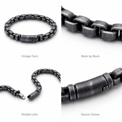 Vintage Block Link Bracelet Antique Silver Details and Features Infographic