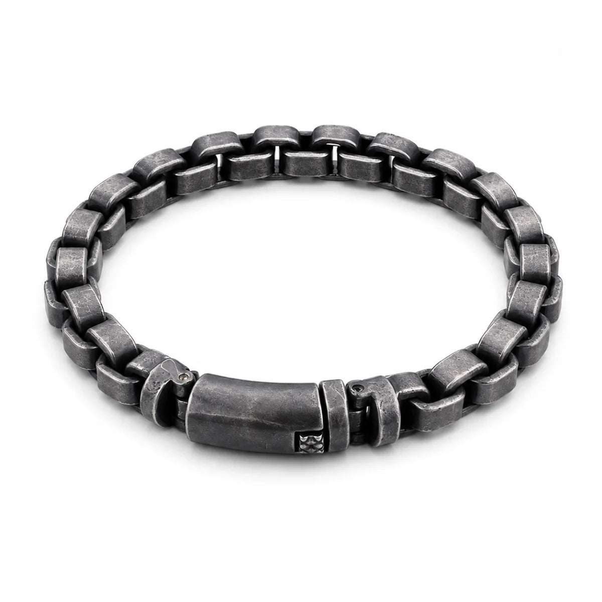 Vintage Block Link Bracelet Antique Silver Front View White Background