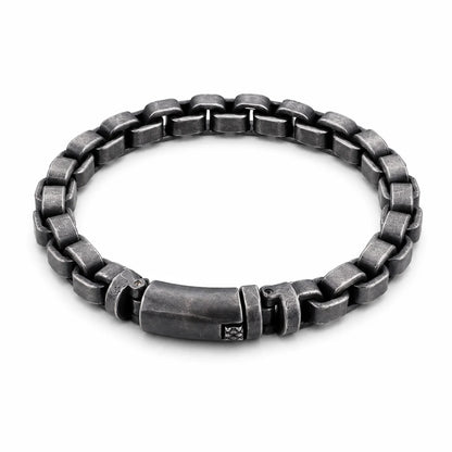 Vintage Block Link Bracelet Antique Silver Front View White Background