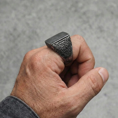 Vintage Brushed Square Ring Worn by Male Model Side