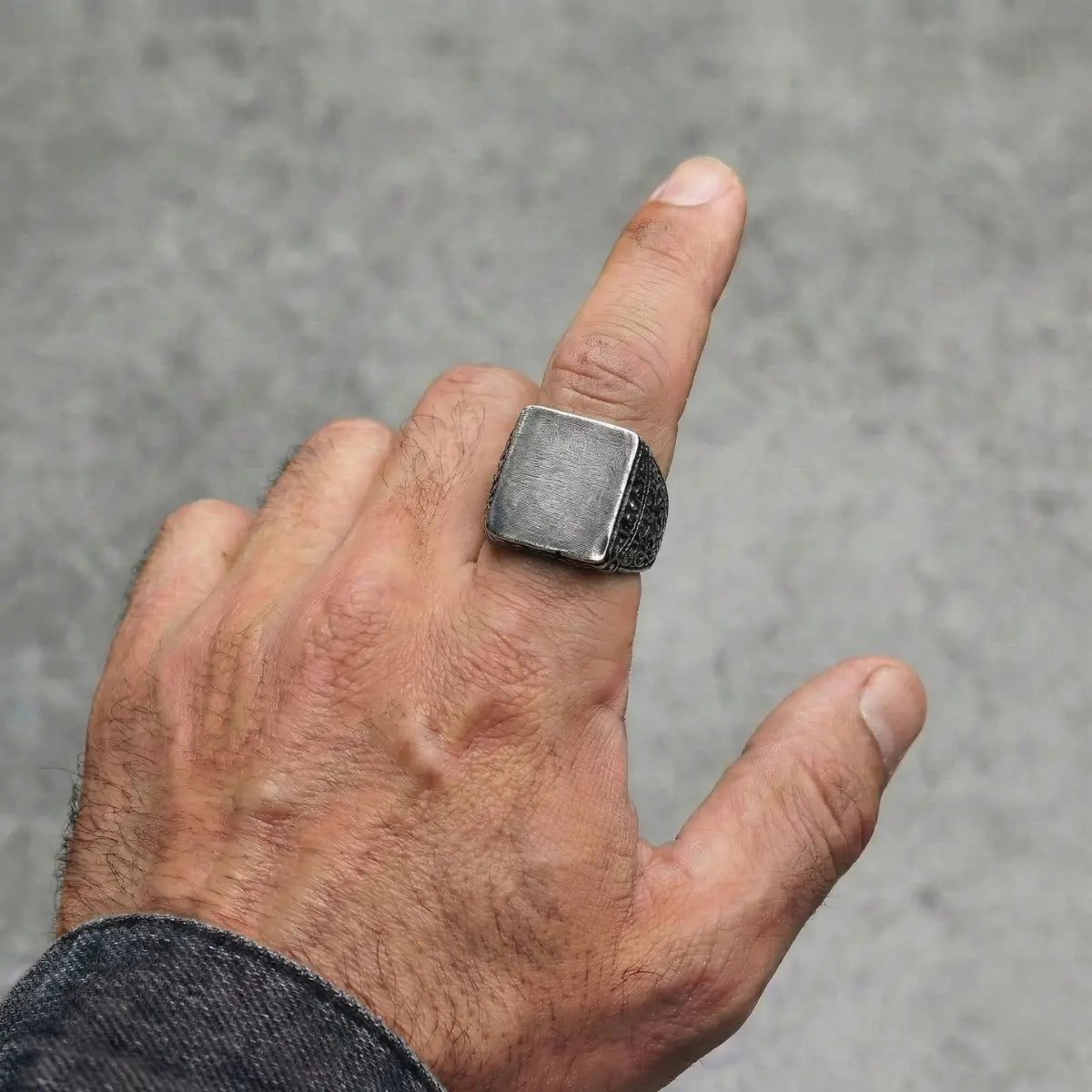 Vintage Brushed Square Ring Worn by Male Model