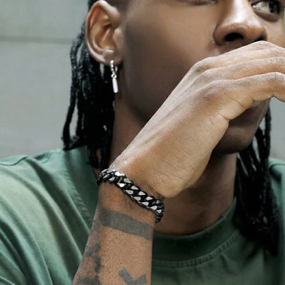 Vintage Brushed Steel Flat Curb Chain Bracelet Worn by Male Model