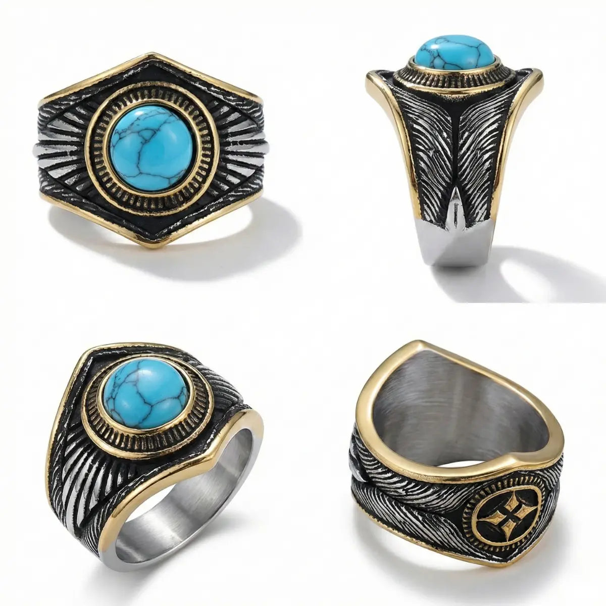Vintage Feather Turquoise Signet Ring Multi Angle Details