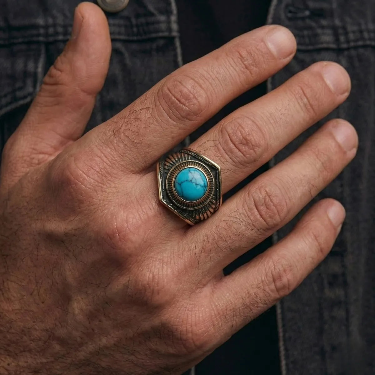 Vintage Feather Turquoise Signet Ring Worn by Male Model Close Up