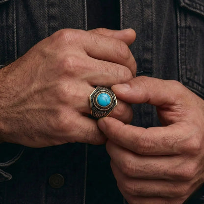 Vintage Feather Turquoise Signet Ring Worn by Male Model