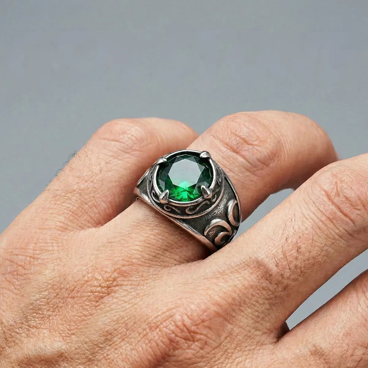 Vintage Green Stone Ring Worn by Male Model Close Up