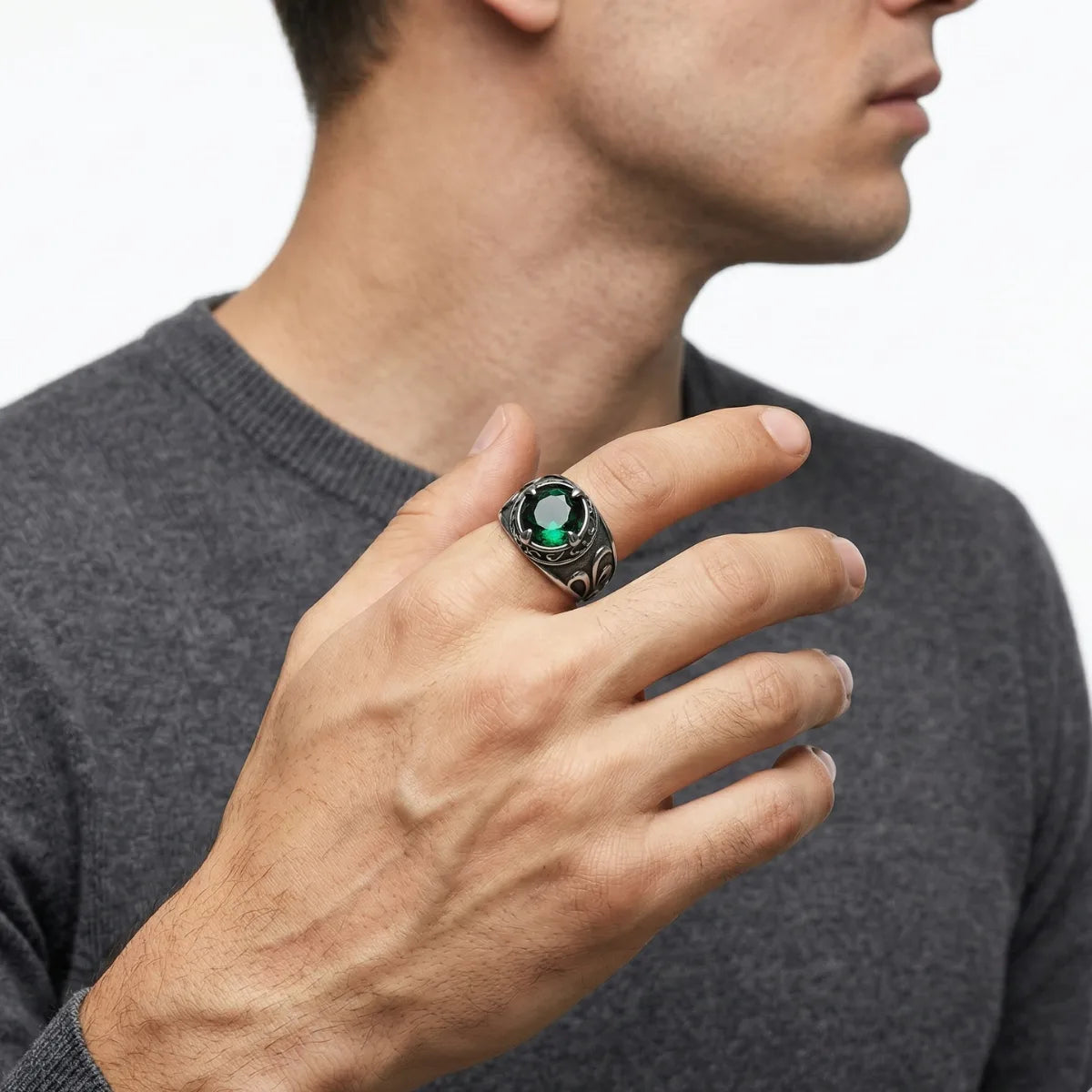 Vintage Green Stone Ring Worn by Male Model
