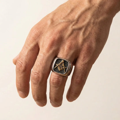 Vintage Masonic Signet Ring Gold Worn by Male Model
