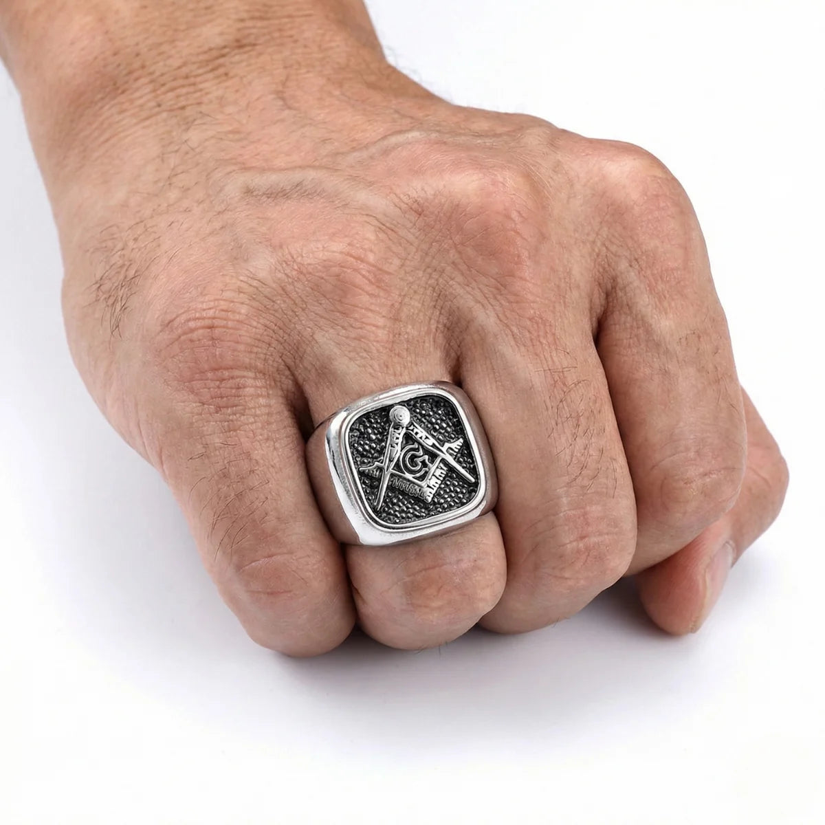Vintage Masonic Signet Ring Silver Worn by Male Model