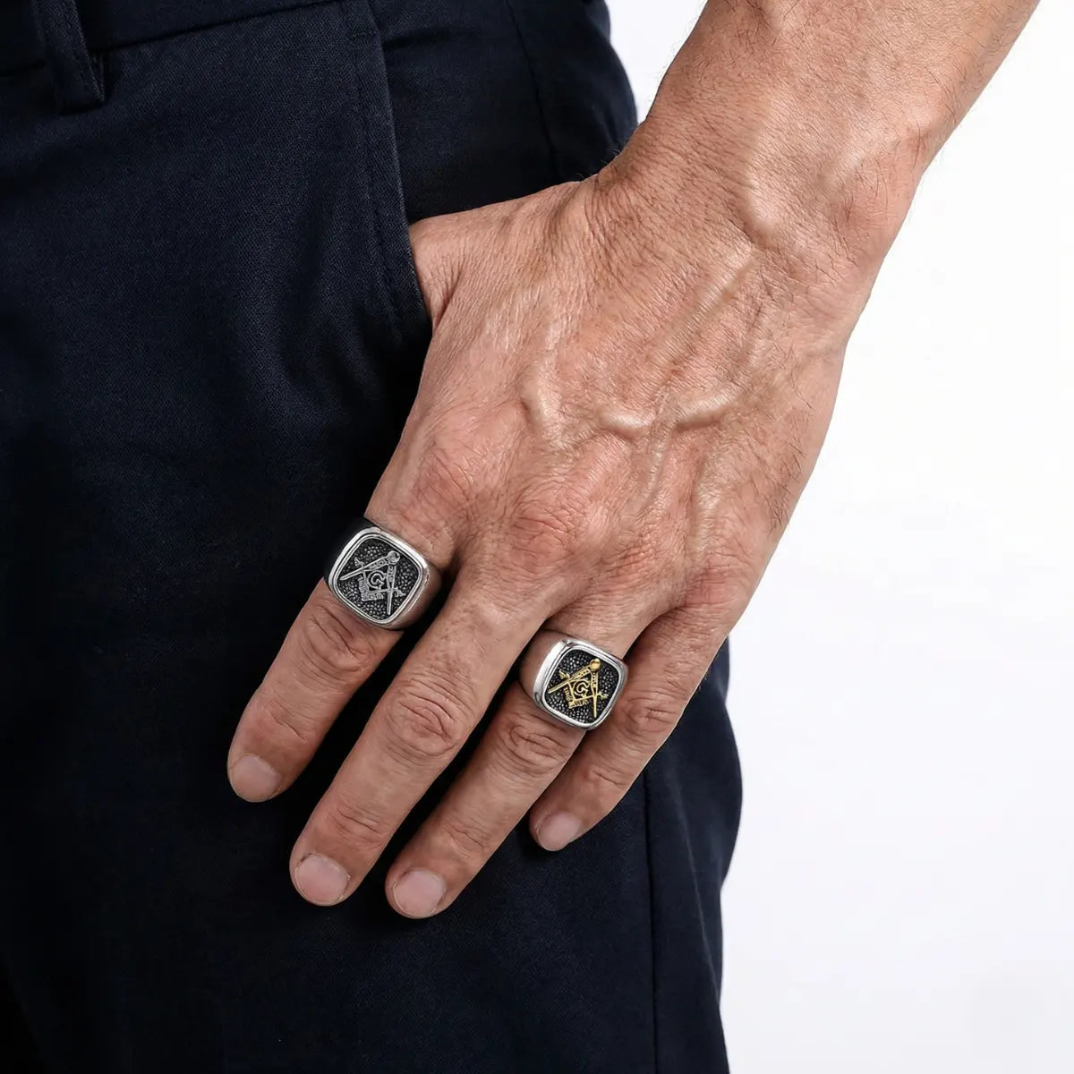 Vintage Masonic Signet Rings Worn by Male Model