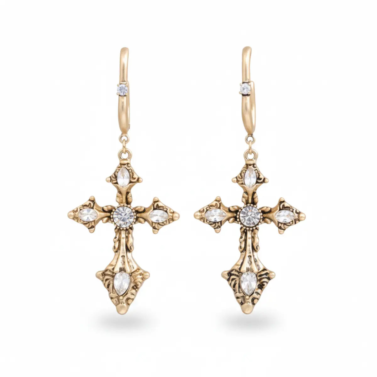 Vintage Ornate Cross Earrings Women Gold Front
