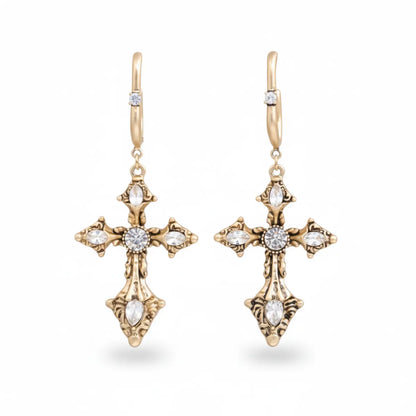 Vintage Ornate Cross Earrings Women Gold Front