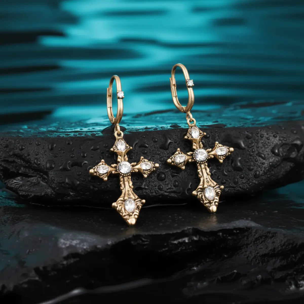 Vintage Ornate Cross Earrings Women Gold