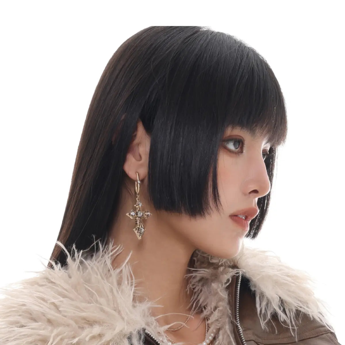 Vintage Ornate Cross Earrings Women Worn by Female Model Side