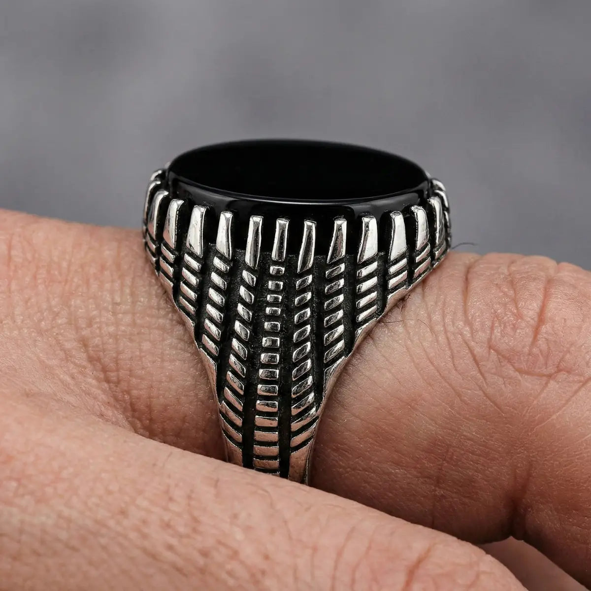 Vintage Oval Black Stone Ring Worn by Male Model Close Up