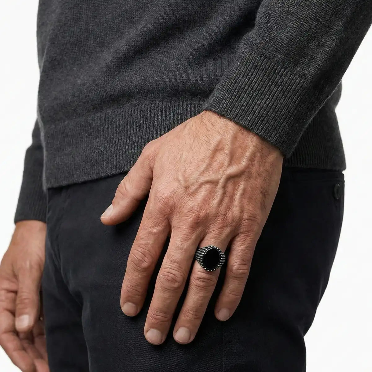 Vintage Oval Black Stone Ring Worn by Male Model