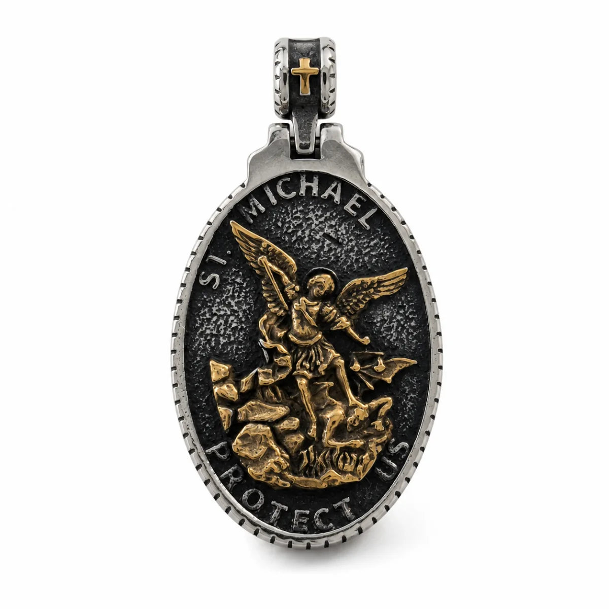 Vintage Oval St Michael Medallion Gold and Silver Pendant Only Front View White Background