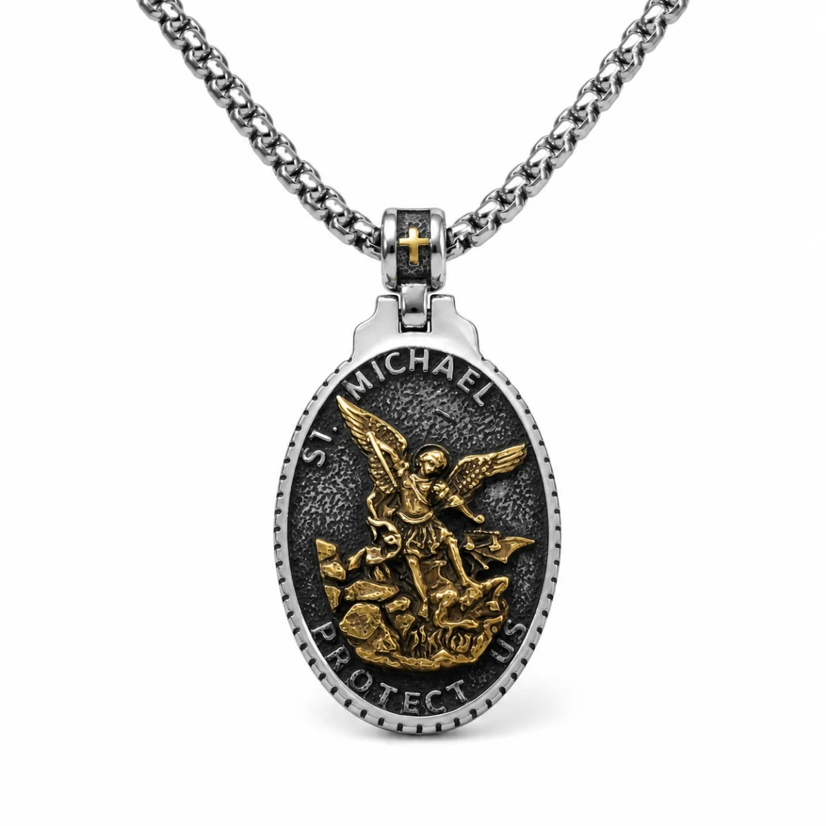 Vintage Oval St Michael Medallion Gold and Silver Pendant with Chain Front View White Background