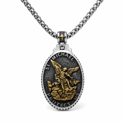 Vintage Oval St Michael Medallion Gold and Silver Pendant with Chain Front View White Background