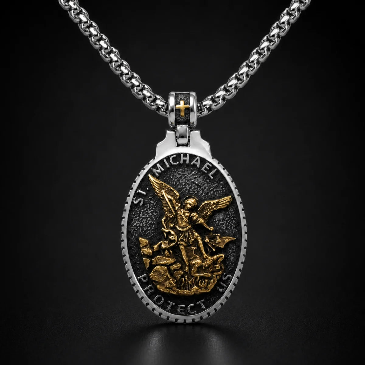 Vintage Oval St Michael Medallion Necklace Gold and Silver Close Up Black Background