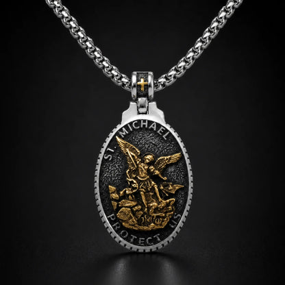 Vintage Oval St Michael Medallion Necklace Gold and Silver Close Up Black Background