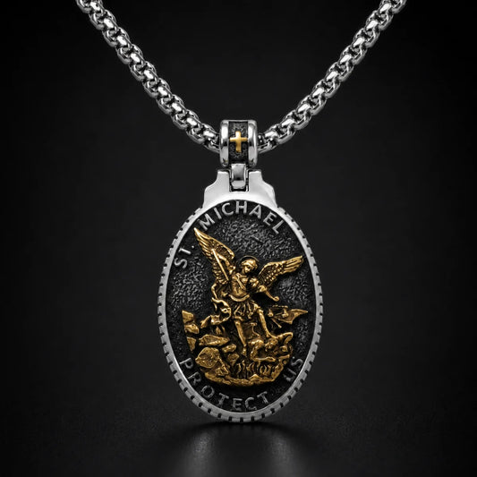 Vintage Oval St Michael Medallion Necklace Gold and Silver Close Up Black Background