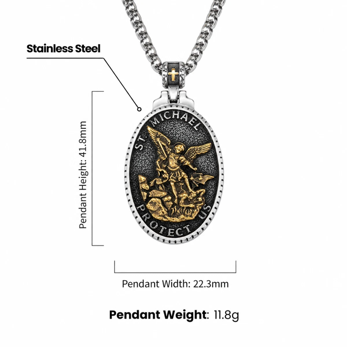 Vintage Oval St Michael Medallion Necklace Gold and Silver Dimensions Infographic