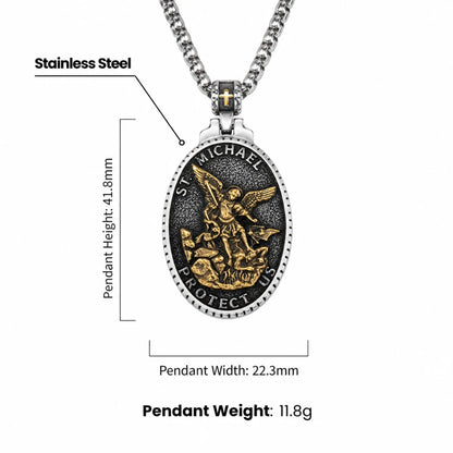 Vintage Oval St Michael Medallion Necklace Gold and Silver Dimensions Infographic