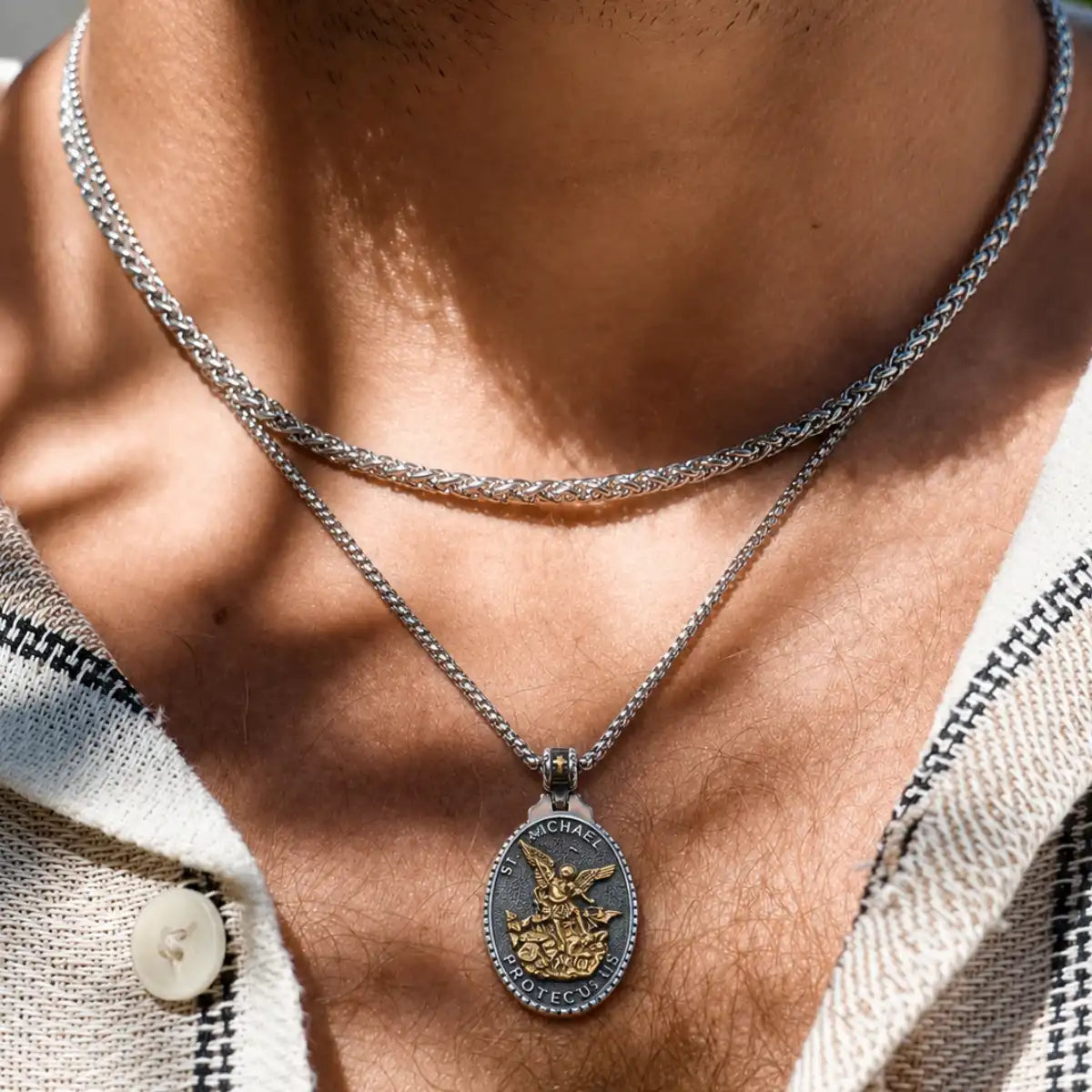 Vintage Oval St Michael Medallion Necklace Gold and Silver Worn by Male Model