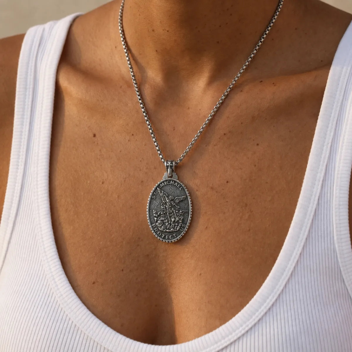 Vintage Oval St Michael Medallion Necklace Silver Worn by Model Close Up