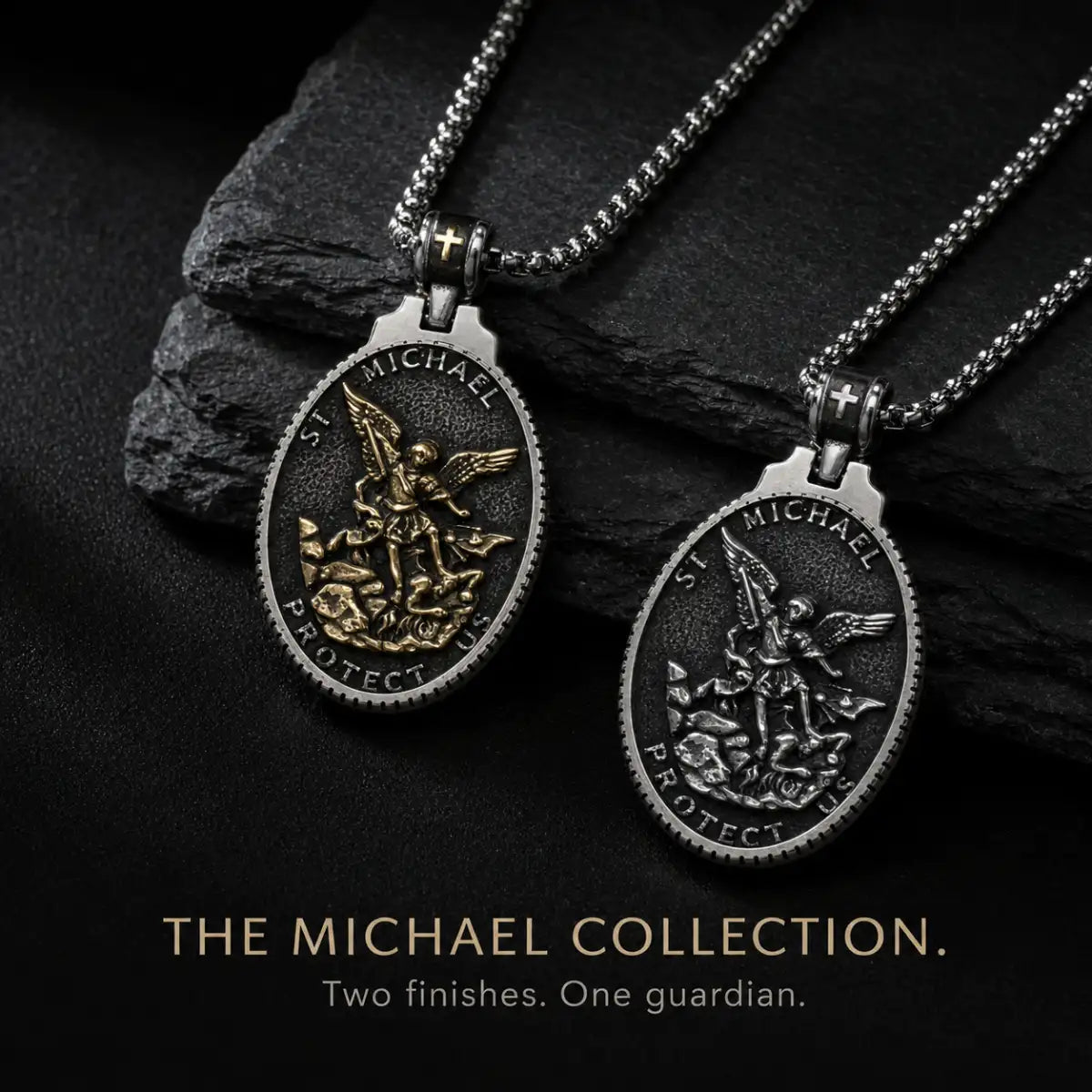 Vintage Oval St Michael Medallion Necklaces Gold and Silver Options Displayed on Stone Surface