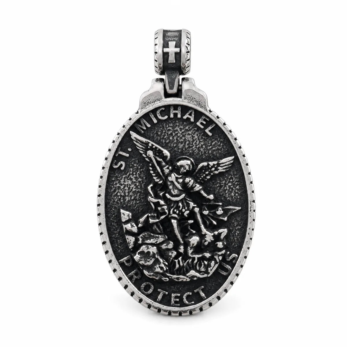 Vintage Oval St Michael Medallion Silver Pendant Only Front View White Background