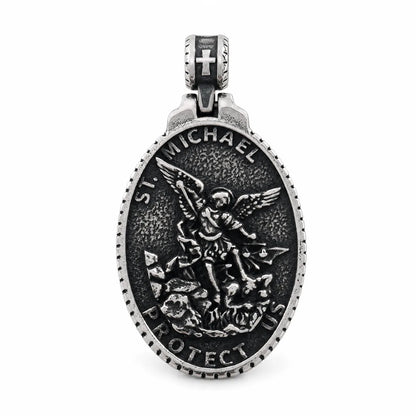 Vintage Oval St Michael Medallion Silver Pendant Only Front View White Background