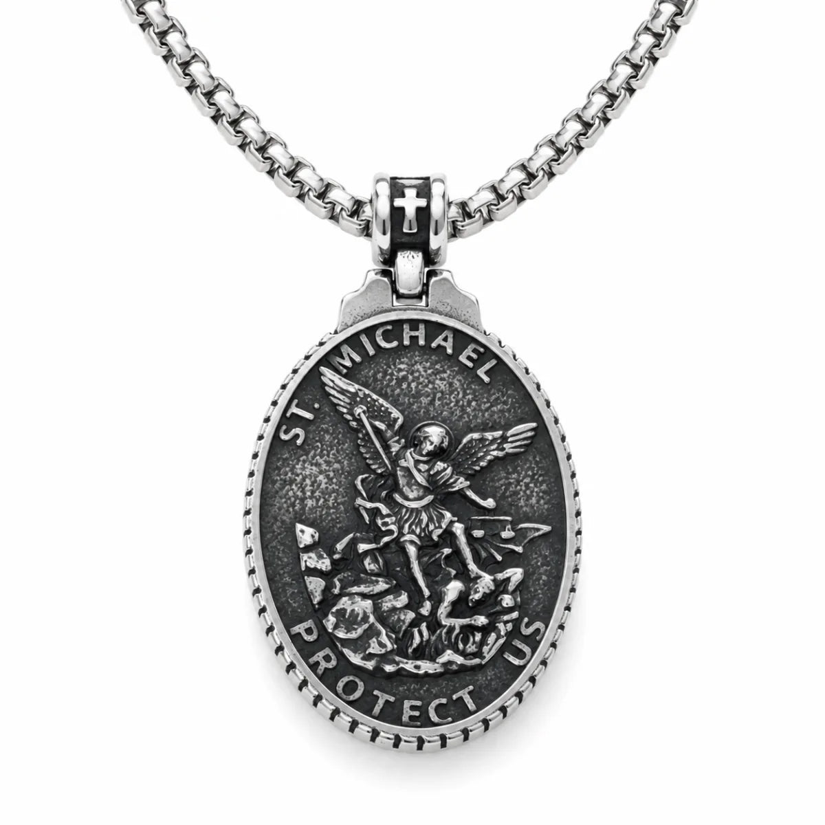Vintage Oval St Michael Medallion Silver Pendant with Chain Front View White Background