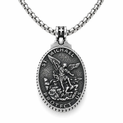 Vintage Oval St Michael Medallion Silver Pendant with Chain Front View White Background