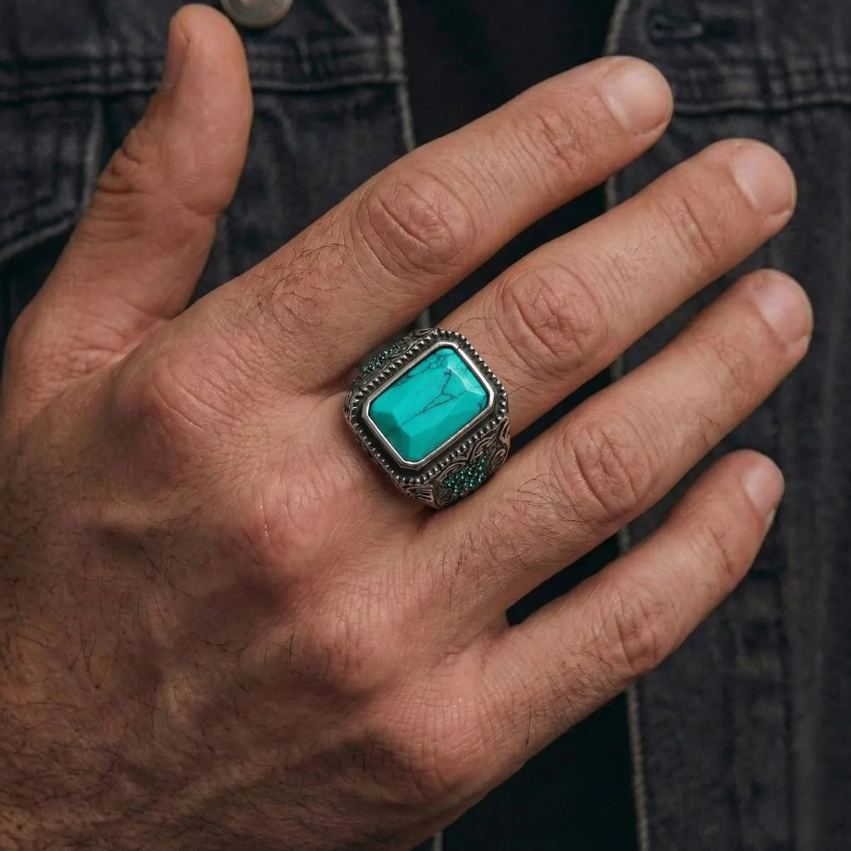 Vintage Rectangular Turquoise Ottoman Ring Worn by Male Model Front