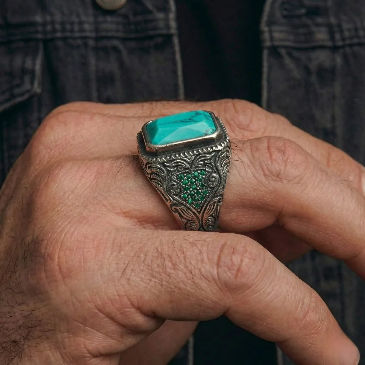 Vintage Rectangular Turquoise Ottoman Ring Worn by Male Model Side