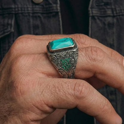 Vintage Rectangular Turquoise Ottoman Ring Worn by Male Model Side