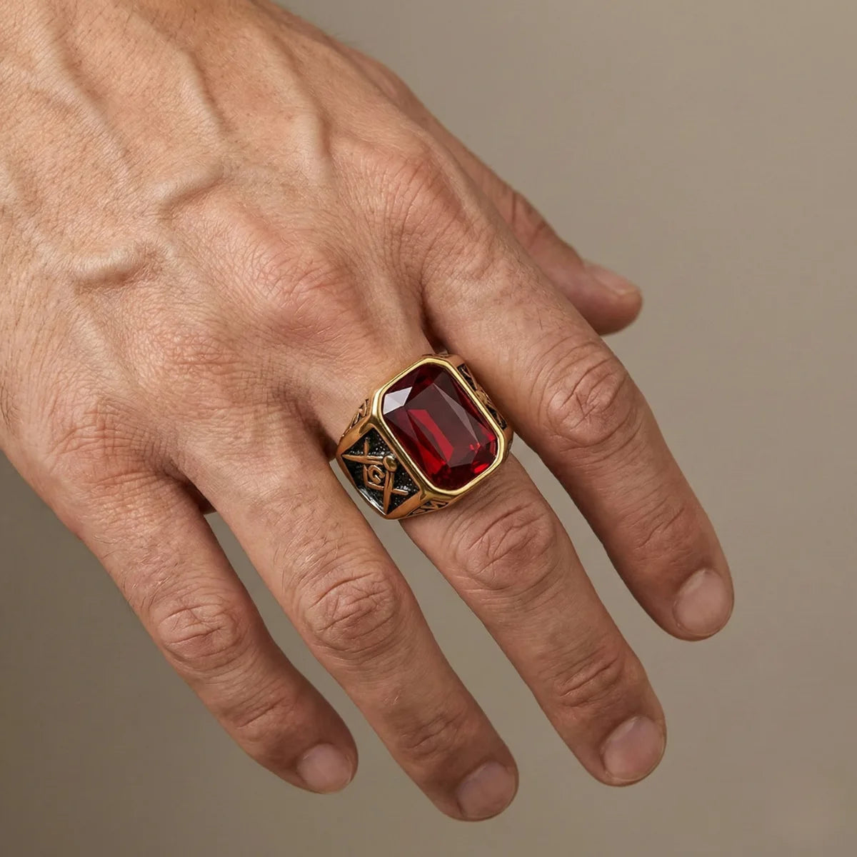 Vintage Red Masonic Ring Gold Worn by Male Model
