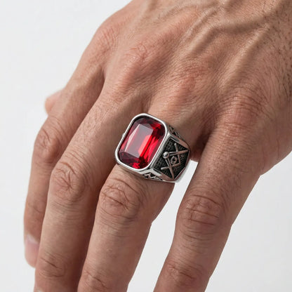 Vintage Red Masonic Ring Silver Worn by Male Model