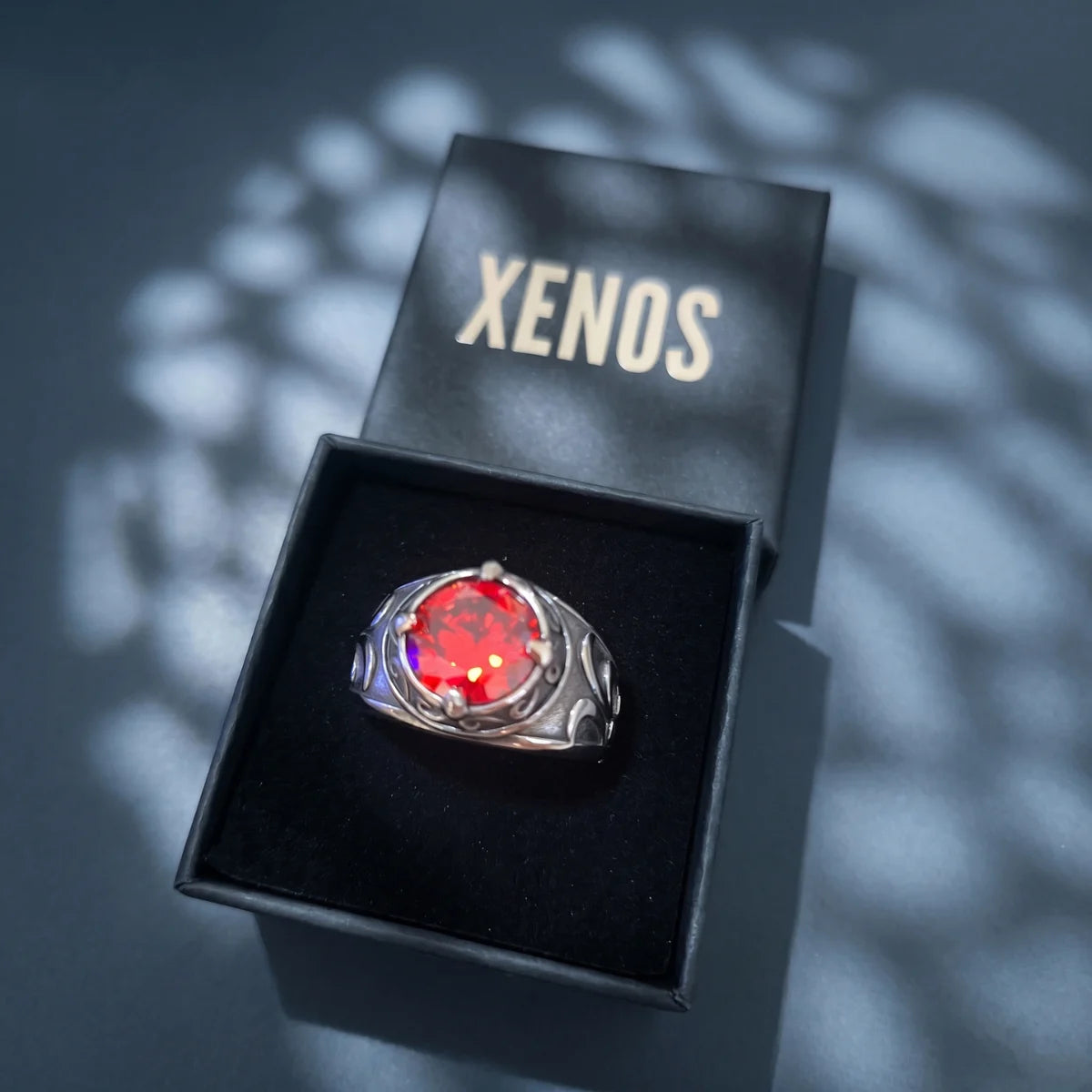 Vintage Red Stone Ring Inside a Xenos Jewelry Box