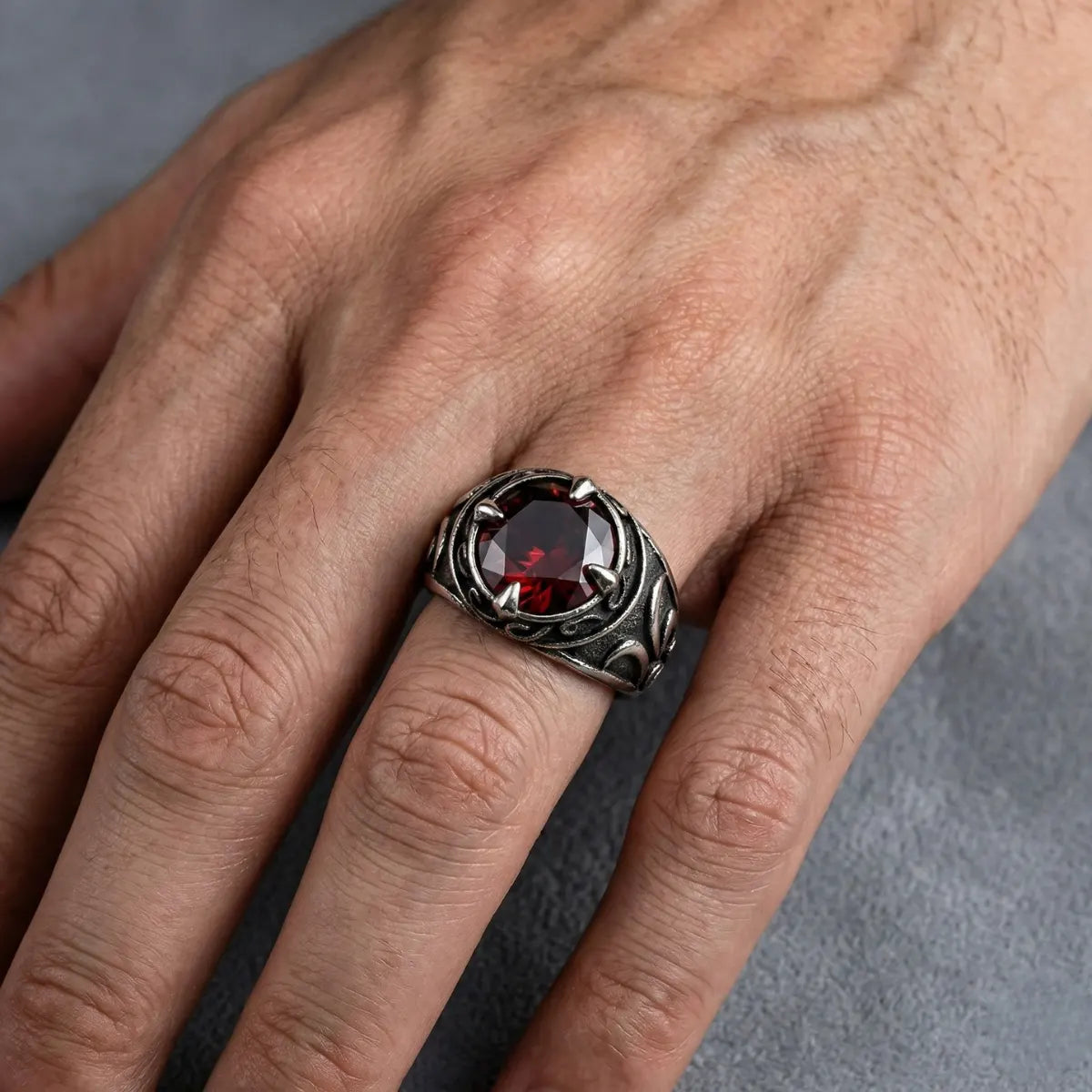 Vintage Red Stone Ring Worn by Male Model Close Up