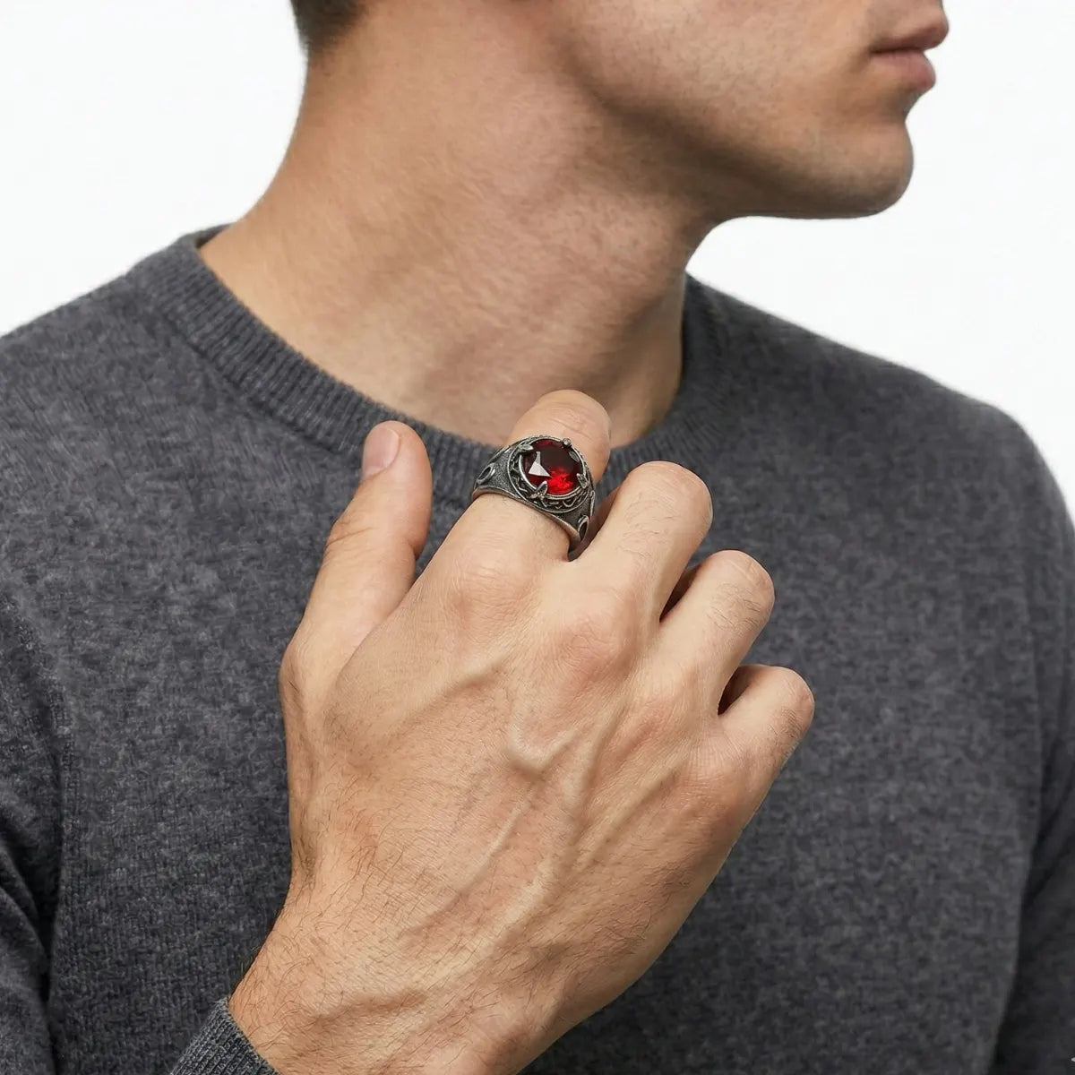 Vintage Red Stone Ring Worn by Male Model