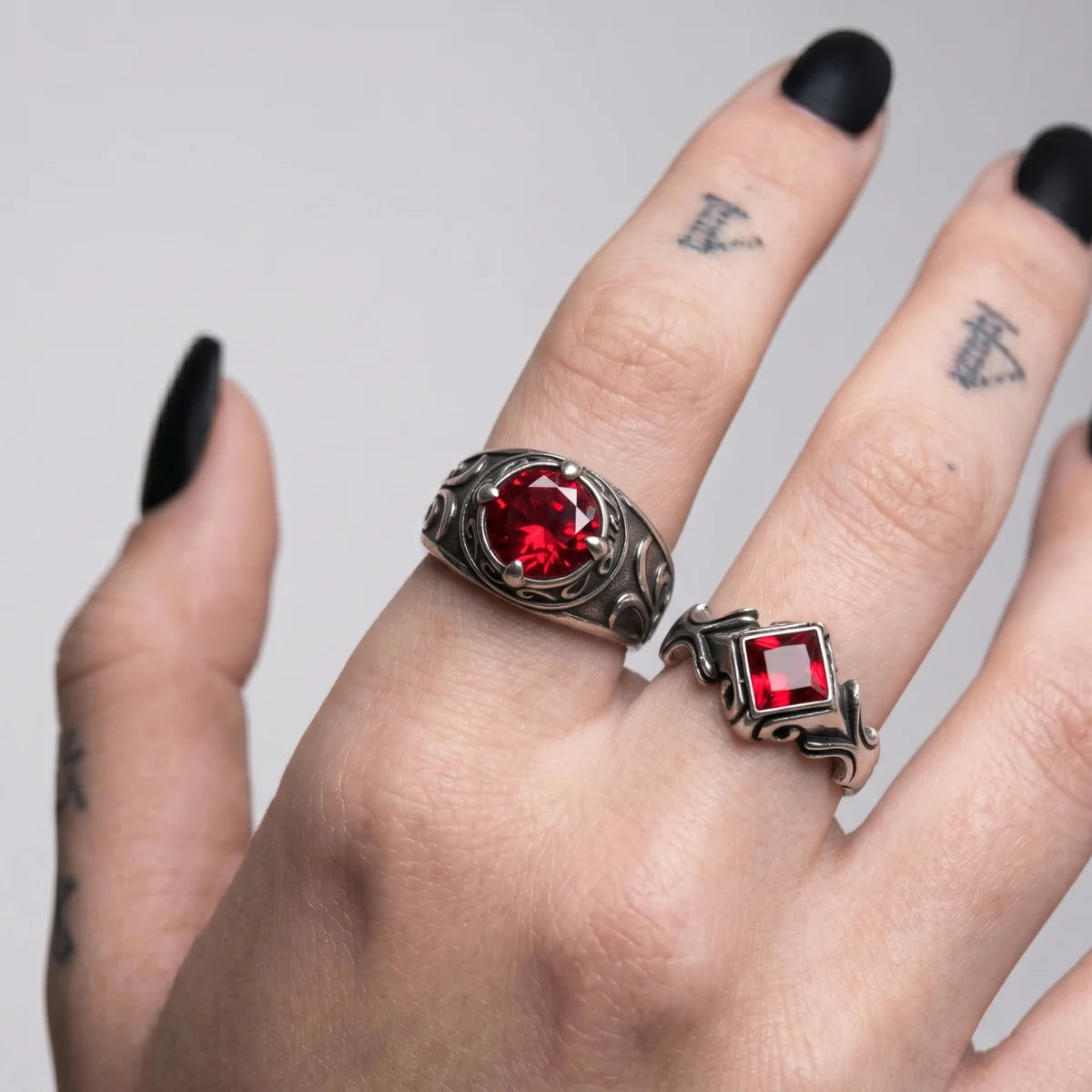Vintage Red Stone Ring and Gothic Princess Cut Red Crystal Ring Worn by Female Model